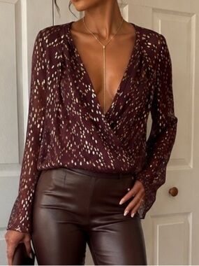 The Addison Story Elegant Deep V Browne with Gold Sparkling Prints Wrap Blouse
